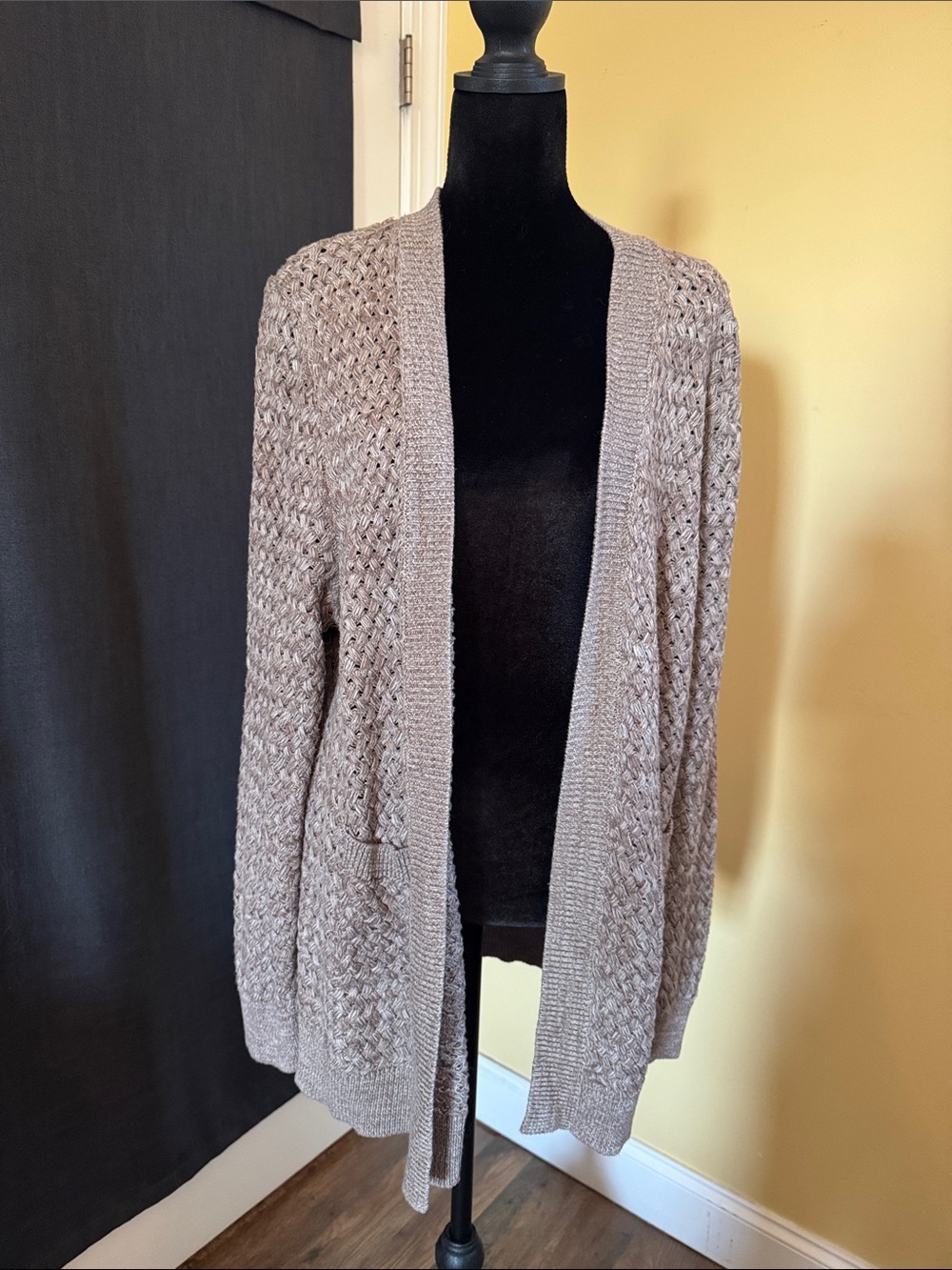 Open-Front Taupe Crochet Knit Cardigan for Women